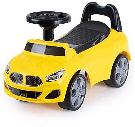 Hillington Kids Ride On Sliding Sports Car - Push Along Foot to Foot Buggy For Toddlers - Under Seat Storage & Musical Steering Wheel - Licensed For 18-36 Months Old (Yellow)