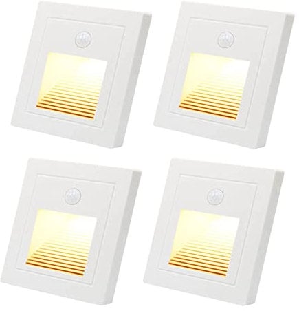 4x 1,5W LED Treppenlicht mit bewegungsmelder Warmweiß 3000K LED Wandeinbauleuchte Wandeinbaustrahler Weiß Stufenlicht Lampe Treppenbeleuchtung für 60mm Runde, 86mm Eckig Unterputzdose 230V für Innen