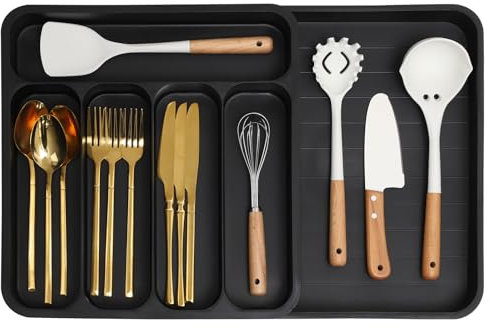 Yafe Cutlery Drawer Organiser, Expandable Kitchen Drawer Organiser Cutlery Trays for Kitchen Drawers 6 Compartment Adjustable Large Utensil Drawer Organiser Knife and Fork Drawer Organiser,Black