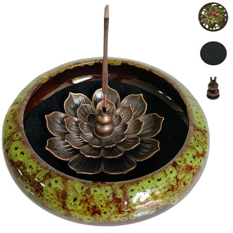 KOPYFANTAP Bruciatore di Incenso in Ceramica,Porta Incenso Loto con Supporto in Ottone Portaincenso Casa Teahouse Yoga Studio Decorazione della Casa,Verde