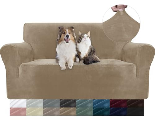 YSTELLAA Samt Sofa Überzug 2 Sitzer, Stretch Sofahusse Universal, Sofaschoner rutschfest, Sofa Covers Mit Armlehne, Couch Bezug Schutz Katze, Waschbare Couchschoner, Kamel