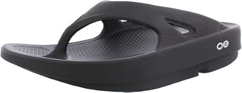 OOFOS OOriginal Sport-Sandale Zehentrenner – leichte Erholungsschuhe – reduziert die Belastung auf Füße, Gelenke und Rücken – maschinenwaschbar – handgemalte Grafiken, SchwarzAzul, 5 Women3 Men