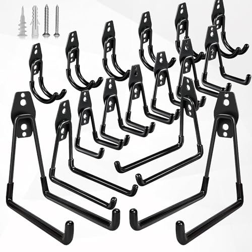 GUDEMAY Wandhaken Garage - 16 Stück Schwerlast Haken mit Schrauben und Gummischutz - Platzsparende Aufbewahrung Wandhalterung für Werkzeug, Fahrräder, Leiter, Ski & Gartengeräte - Schwarz