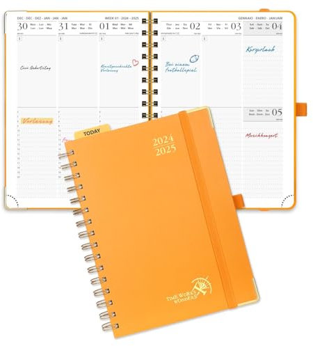 POPRUN Kalender 2025 Buchkalender (Aug.2024-Dez.2025) Ringbuch mit Hardcover, ca. A5 (21,5 x 16 cm), 17-Monate-Terminplaner, Wochenplaner 2025 mit Plastiklineal - Orange