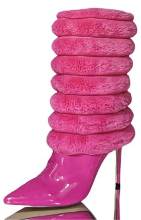 BaKume tacchi donna Tacchi alti 12cm Punta Peluche Tacco Fine Stivali a metà polpaccio,Pink-44