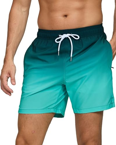 Decorie Badehose Herren Badeshorts Männer mit Reißverschlusstasche Schwimmhose Trendiger Farbverlaufdruck Schwimmshort mit Meshfutter (Grün,L)