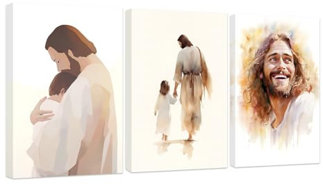 CCWACPP 3 teiliges christliches Wandbild Aquarell Jesus Bild Jesus Christus Poster religiöse Leinwanddrucke Gott Wanddekoration für Wohnzimmer Schlafzimmer gerahmt (C, (30x40cmx3))