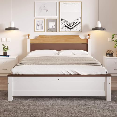 HYUB Holzbett Doppelbett 140x200cm mit Kiefernholzrahmen und Mittelfuß, Jugendbett mit Holz Lattenrost, Colour Blocking, Weiß (Ohne Matratze)