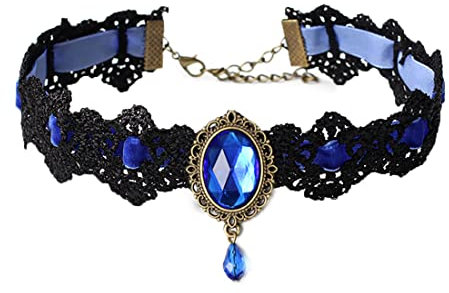 Caiguoer Schwarz Spitze Kragen Kette Kristall Anhänger Halskette Samt Vintage Edelstein Halskette Gotische Hohlblume Choker Schmuck Halloween Zubehör für Frauen und Mädchen (D)