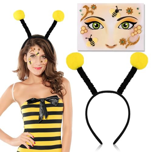 Bienen Kostüm Damen Accessoire, Bienen Haarreif Erwachsene Kinder und Gesicht Tattoo Bienenkostüm Erwachsene Kinder Haarreif Fasching Damen Kostüm Biene Fühler Haarreif Damen Bienen Tattoo Gesicht