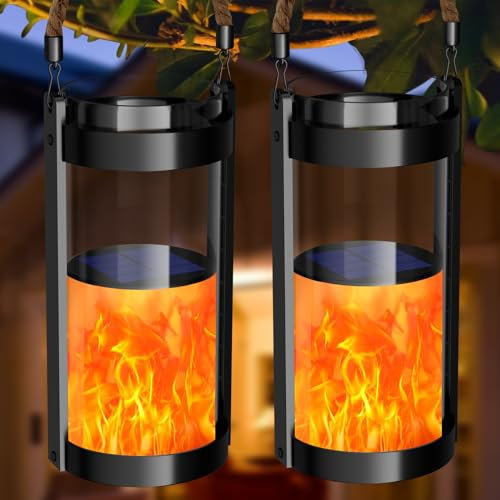 Lanterne Solaire Exterieur, 2 Pièces Lampe Solaire Exterieur Jardin Suspendue Décoration Lampe Solaire de Jardin IP54 Étanche Verre Corde de Chanvre Lanterne Solaire Exterieur Effet Flamme pour