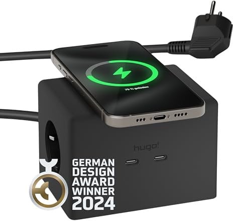 Brennenstuhl hugo! ONE Steckdosenwürfel mit USB C 20W PD, Wireless Charger (Steckdosenleiste USB C, Touch-Schalter, induktive Ladestation mit 2m Kabel) deep black