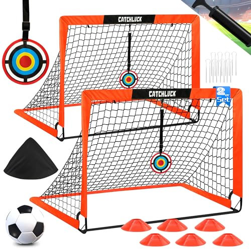 CATCHLUCK Fussballtore für Garten Kinder Pop Up Fußballtor 2er Set Outdoor with Fussball, 6 Fußballkegel, 8 U-förmige Bodennägel und Tragetasche, Rot