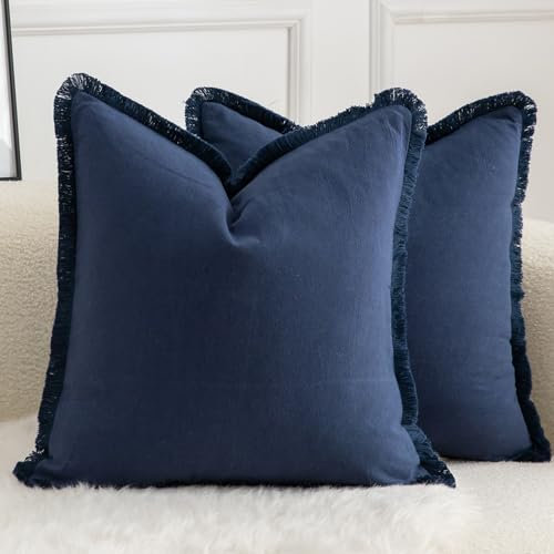 Mandioo 2er Set neutralen Baumwolle Quasten Kissenbezug 50x50cm Dekorative Kissenbezüge Dekokissen Boho Sofakissen Kissenhülle für Couch Sofa Schlafzimmer Wohnzimmer Heimdekoration Marineblau