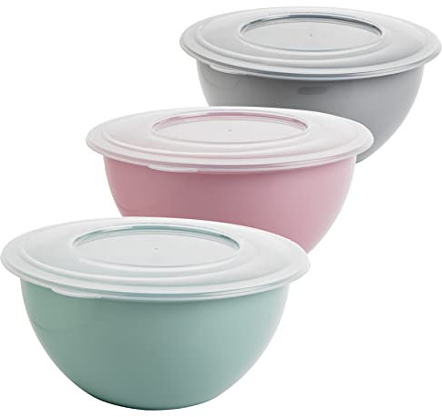 2friends Lot de 3 saladiers avec couvercle 5 l - Saladier avec couvercle - En plastique (PP) - Sans BPA - Couleur : gris clair, rose pastel et vert - Couvercle transparent - Diamètre 28 cm