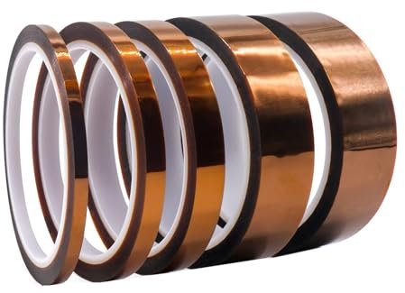 ASFWAGQ 5 Rollen Hitzebeständiges Band Polyimid Film Klebeband Hochtemperaturband, Sublimationsband 3D Drucker Hitzebeständiges Tape, Elektronik Isolierband 33 M (5 mm, 8 mm, 12 mm, 25 mm, 30 mm)