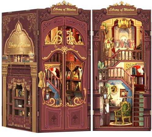 Fsolis DIY Book Nook, Maison de poupée Mini kit de Maison avec des Meubles en Bois et des lumières LED, Livre Coin étagère Insert Kit, Book Nook Adulte kit de Construction(Library of Wisdom)