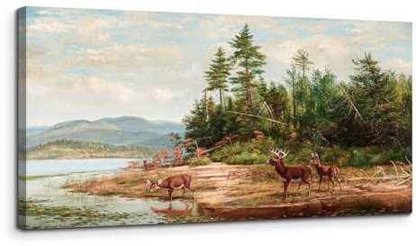 MHARTK66 Rehe am See Leinwand Bilder, 50x100 cm Groß Wandbilder Wohnzimmer Hirsch Bild Aesthetic, Modern Tier Wanddeko Kunstdruck Schlafzimmer Badezimmer Büro Esszimmer Küche