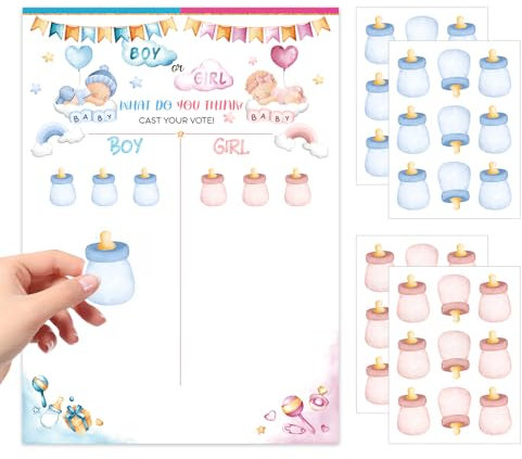 Juegos de Revelación de Género, 36 Pegatinas de Gender Reveal, 1 Revelacion de Genero Poster de Voto, para Boy or Girl Actividades de Fiesta de Bautizo Baby Shower