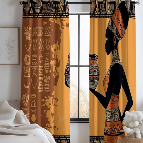 Vorhänge mit Drucken Verdunkelungsvorhänge mit Ösen Gardinen Afrika Stammesdame Thermo Isoliert Lärmminderung Vorhange für Schlafzimmer Wohnzimmer H 200 x B 70 cm (2er Pack) Orange Schwarz
