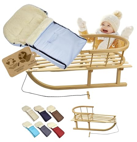 BambiniWelt KOMBI-ANGEBOT: Holzschlitten mit Rückenlehne & Zugseil + universaler Winterfußsack 90 cm- Lammwolle – warm, wasserabweisend, passend für Babyschale, Kinderwagen & Buggy (hellblau)