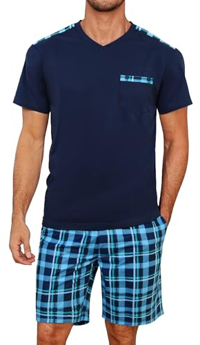 Litherday Pyjamas, herr, kort, bomull, rutig, pyjamas-set, tvådelad, kortärmad med fickor, t-shirt, pyjamasbyxor, sommar, sovkläder för män