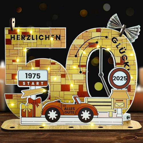Belillpipi 2025 Holzfarbe Originelle 50 Geburtstag Deko Geburtstag Holz mit LED, Frauen & Männer Geburtstag Pixel Retro Holz-Schild Gästebuch für Geschenke, Partys, Geburtstage, Jubiläum