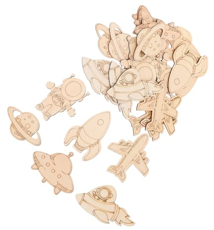 NUOBESTY 24 Stück Holzspäne Weltraum Bastelset Mit Astronaut Und Planet Motiven Unbemalte Holzfiguren Für Kinder Diy Malerei Kreative Raumdekoration Für Zuhause Und Klassenzimmer