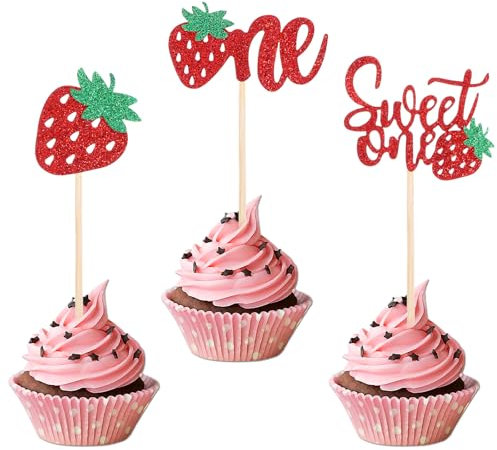 Lnngub 24 Pack Strawberry Cupcake Toppers Strawberry Shortcake Cupcake Toppers Glitter Sweet One Cupcakes Picks for Baby Shower 1st Birthday Anniversary Party Cake Decorations Supplies,Red