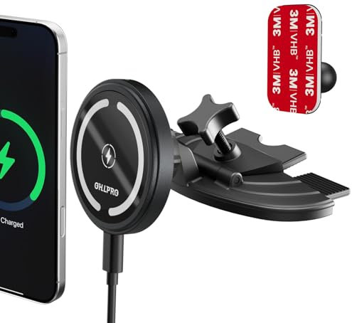 OHLPRO Caricatore Auto Magsafe 15W per iPhone 16/15/14 Pro Max, Supporto Magnetico per CD e Cruscotto con Base Adesiva 3M, Ricarica Wireless Veloce, Guscio in Alluminio, Nero