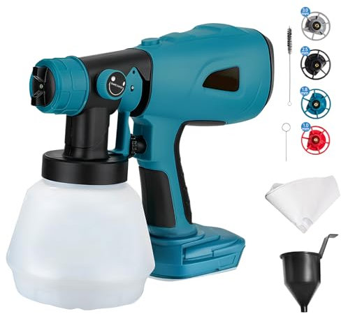 Akku Farbsprühsystem für Bosch 18V Akku, Bürstenlose Elektrische HVLP Handfarbspritzpistole mit 4 Düsen, 3 Mustern und 1000ml Behälter für Zäune, Terrassendielen, Wände und Möbel