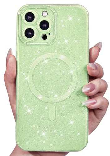 Svanove Glitter Case for iPhone 12 Pro Phone Case Magnetic Compatible with Magsafe, Sparkle Bling Shiny Sparkly Cute Girly Design, Bright Trendy Aesthetic Hard Mag Cover for Women Girls, Sage Green