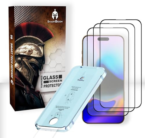 SmartBoon 3 Unidades,Protector Pantalla para iPhone 16 (6,1”), Borde Negro Cristal Vidrio Templado 9H, Alta Definicion, Compatible con Face ID, Marco de Instalación Precisa y Fácil,Sin Burbujas