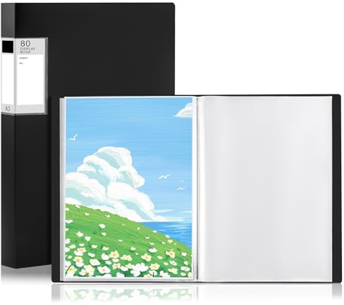 GUOKOFF A3 Display Book Folder 80 Pocket, 2 PCS Art Portfolio Presentation Folder with Clear Plastic Sleeve, A3 Display Book for Painting Artwork School Office (Black)