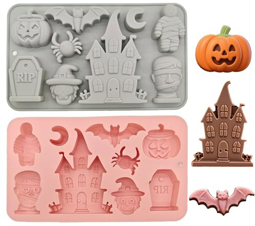 SEABABOO Silikonformen Halloween Thema Silikonformen 2 Stück Silikon Backformen Halloween Schokoladenform Schloss Grabstein Mumie Kürbis Muster Für Diy Halloween Schokolade Süßigkeiten Gelee