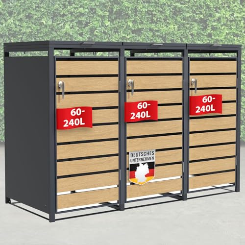 Abri poubelles avec décor Bois, Structure en Acier Inoxydable | 1 à 3 Portes | Rangement poubelles de 60 à 240 L – Anthracite avec décor Bois (Anthracite Johan, 198,5 × 80 × 116 cm (3 Portes))