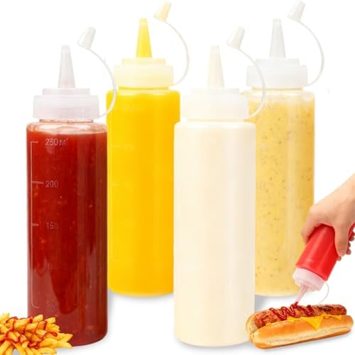 Flankor Squeeze Bottle - 4 Pack 8oz / 250ML Plastic Sauce Bottle with Nozzles for Ketchup,Condiments,BBQ Sauce,Dressing,Barbecue,Grilling,Crafts,Syrup,Crafts and More