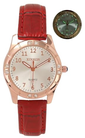 JSDDE Montre Femme Lumineuse la Nuit avec Cadran Rond Or Rose Brillant Pavé de Strass Vintage Montre Analogique Quartz avec Aiguilles Lumineuses Chiffres Arabes en Bracelet Cuir Mouvement Quartz