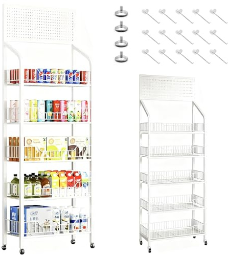 MINGJAY Snack-Regal im Supermarkt,Süßigkeiten-Ausstellungsständer für den Einzelhandel,Gitterregal,Klappbares Regal mit Rollen,Snackregal mit 5 Ebenen,Einzelhandelsständer,für Einzelhandel,Küche,Büro