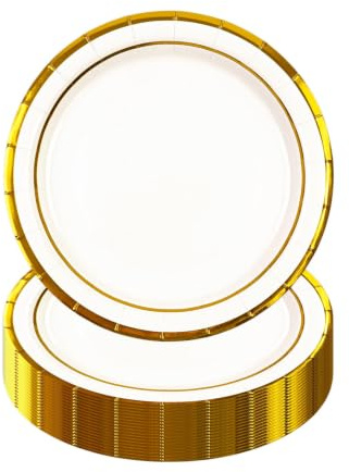 HiEnjoin 50pcs White Party Plates, 7inch Gold foil Plates, Birthday Party Paper Plates, Suitable for Desserts, Anniversaries, Birthday Celebrations and Wedding Celebrations
