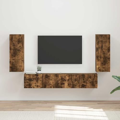 Mhdvray TV-Wandregal-Set 4-teilig aus Holzwerkstoff in geräucherter Eiche 78,5 x 31 x 29,5 cm Modernes Lowboard mit 90° Pendeltüren für Wohnzimmer Home-Office Medienwand