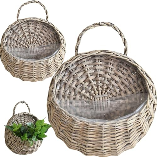 Takingup 2Pcs Natural Rattan Vintage Hanging Planter Basket, Wall Mount Storage Plant Basket Flower Pot for Home Garden Indoor Grey and Rattan Planter