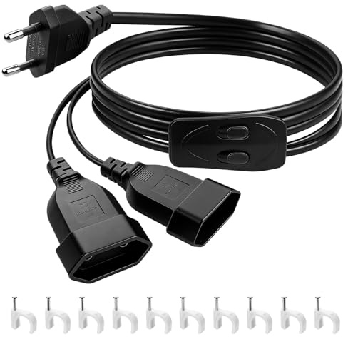 Rallonge électrique 150cm,Rallonge Prise européenne 2en1 avec Interrupteur | Rallonge 1 à 2 Euro - Rallonge 0,75 mm² max 2,5 A/250 V pour TV, PC, ordinateur, moniteur