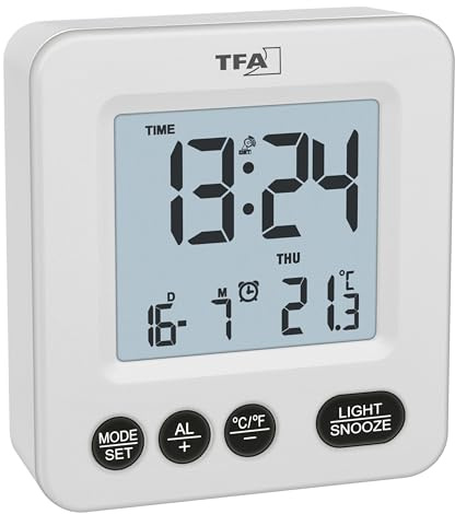 TFA Dostmann Digitaler Funk-Wecker Mini, 60.2567, batteriebetrieben, Innentemperatur, Zeitzoneneinstellung, individuelle Snooze-Dauer, Wochentag (Weiß)