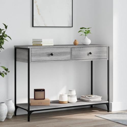 Zeehear Table console gris Sonoma 100 x 34,5 x 75 cm, matériau à base de bois avec cadre en métal, table basse stable pour couloir, salon, entrée
