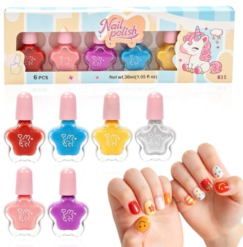 Kindernagellack Set 6 Farben Wasserbasis für Mädchen ab 2 3 4 5 Jahre | ungiftig, peel-off, Regenbogenfarben – ideal für Mädchen zum eigenen Nageldesign, als Geschenk-Set