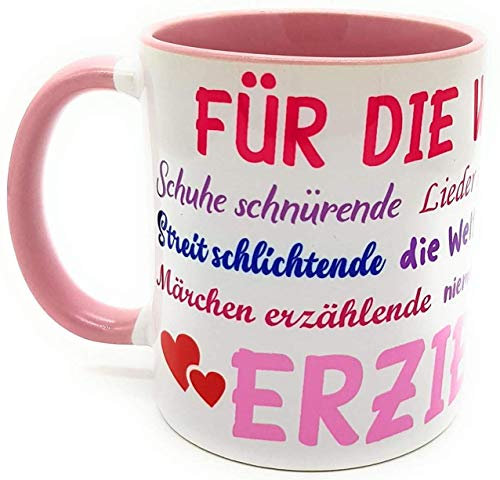 Danke Tasse Erzieherin Kindergärtnerin mit Geschenk - Verpackung Sprüche Abschiedsgeschenk Geburtstags-Geschenk Kaffeebecher Farbe rosa