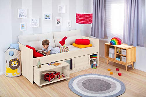 BioKinder Kojenbett Funktionsbett Kinder-Bett mit Unterbettkommode und Bettkasten auf Rollen Lina aus zertifiziertem Massivholz Kiefer Naturweiß lasiert 90 x 200 cm