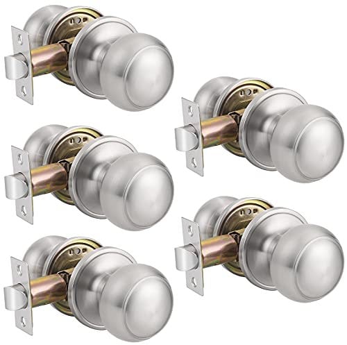 Probrico Brushed Nickel Passage Door Knobs, Interior Door Knobs, Round Keyless Door Knobs for Hallway and Closet, Stainless Steel Door Handles 5 Pack