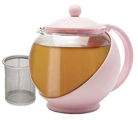 Primula Half Moon Teapot with Removable Infuser, Glass Tea Maker with Reusable Fine Mesh Stainless Steel Filter, Dishwasher Safe, 40-Ounce, Pink